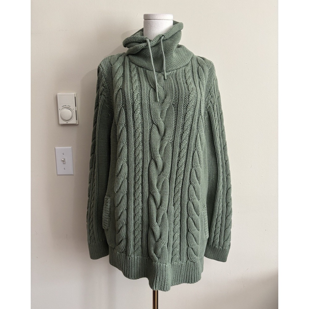 LL Bean Womens 2X Double L Cable Knit Funnel Neck Sweater Light Green Cotton
